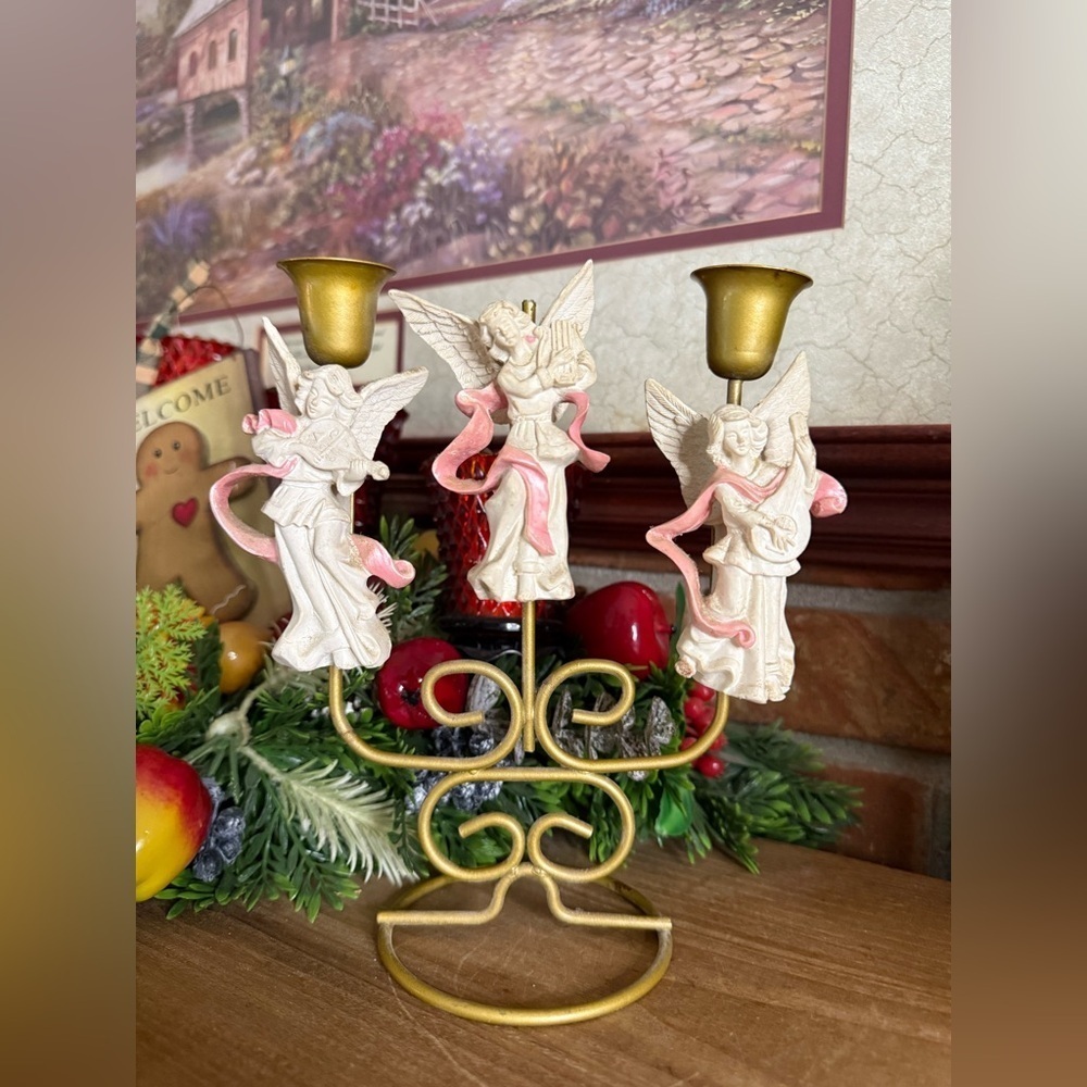 Vintage Angel Candle Holder with Pink Accents